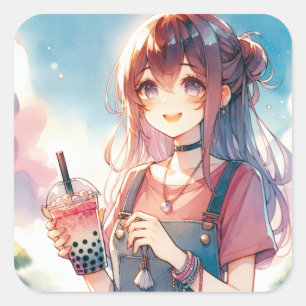 Schattige anime meisje met een Boba Tea Vierkante Sticker