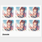 Schattige anime meisje met een Boba Tea Vierkante Sticker (Vel)