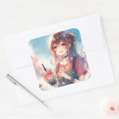 Schattige anime meisje met een Boba Tea Vierkante Sticker (Envelop)
