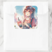 Schattige anime meisje met een Boba Tea Vierkante Sticker (Tas)