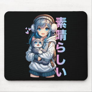 Schattige anime meisje met een kat voor kattenlief muismat