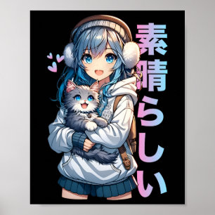 Schattige anime meisje met een kat voor kattenlief poster