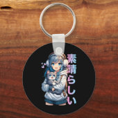 Schattige anime meisje met een kat voor kattenlief sleutelhanger (Voorkant)