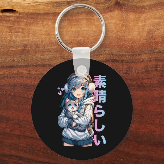 Schattige anime meisje met een kat voor kattenlief sleutelhanger (Voorkant)