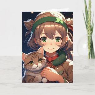 Schattige anime meisje met een kitten kerst kaart
