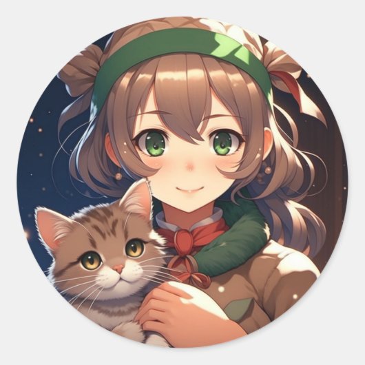 Schattige anime meisje met een kitten kerst ronde sticker (Voorkant)