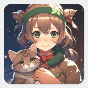 Schattige anime meisje met een kitten kerst vierkante sticker