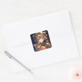 Schattige anime meisje met een kitten kerst vierkante sticker (Envelop)