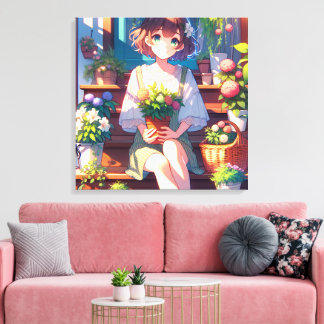 Schattige Anime Meisje met een Plant Canvas Afdruk
