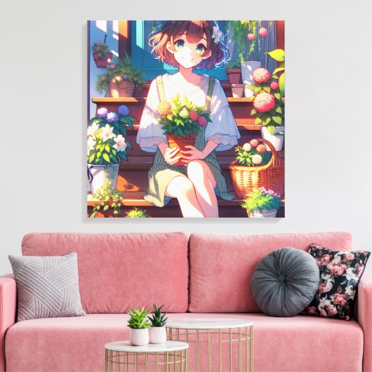 Schattige Anime Meisje met een Plant Canvas Afdruk (Insitu (Woonkamer))