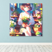 Schattige Anime Meisje met een Plant Canvas Afdruk (Insitu (Houten vloer))
