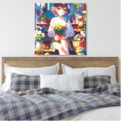 Schattige Anime Meisje met een Plant Canvas Afdruk (Insitu (Slaapkamer))