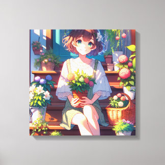 Schattige Anime Meisje met een Plant Canvas Afdruk
