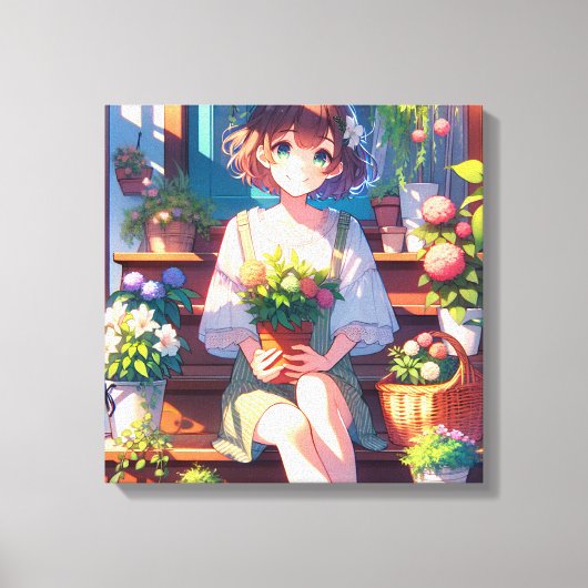 Schattige Anime Meisje met een Plant Canvas Afdruk (Voorkant)