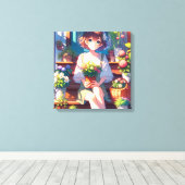 Schattige Anime Meisje met een Plant Canvas Afdruk (Insitu (Houten vloer))