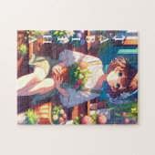 Schattige Anime Meisje met een Plant Gepersonalise Legpuzzel (Horizontaal)