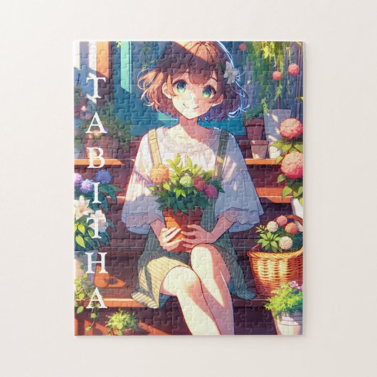 Schattige Anime Meisje met een Plant Gepersonalise Legpuzzel (Verticaal)