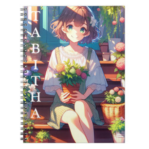 Schattige Anime Meisje met een Plant Gepersonalise Notitieboek