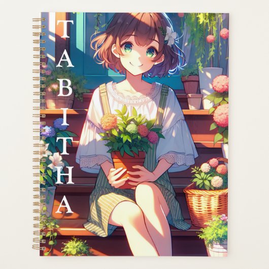 Schattige Anime Meisje met een Plant Gepersonalise Planner (Voorkant)