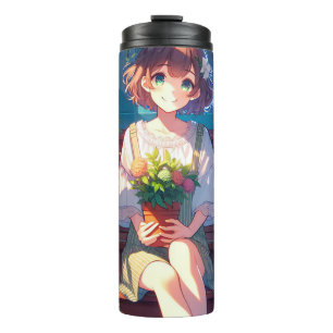 Schattige Anime Meisje met een Plant Thermosbeker