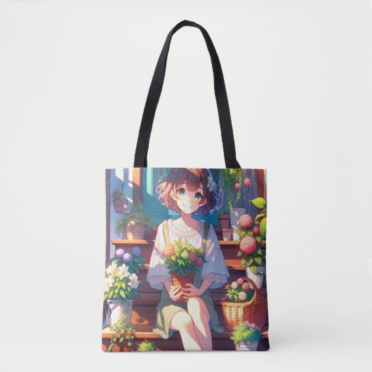 Schattige Anime Meisje met een Plant Tote Bag (Voorkant)