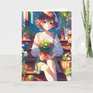 Schattige Anime Meisje met een Plant Verjaardag Kaart