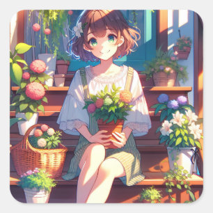 Schattige Anime Meisje met een Plant Vierkante Sticker