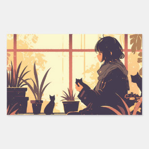 Schattige anime meisje met katten bij het raam rechthoekige sticker