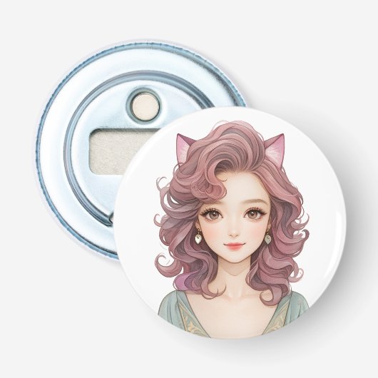 Schattige anime meisje met kattenoren button flesopener (Voorkant)