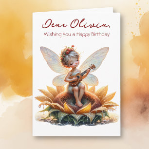 Schattige anime meisje met ukelele op zonnebloem v kaart