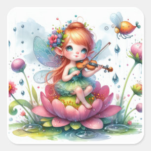 Schattige anime meisje met viool op Lotus Flower Vierkante Sticker