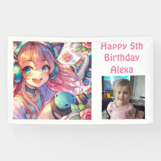 Schattige anime meisje rolschaatsen verjaardagsfee spandoek