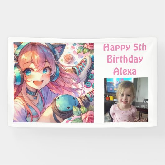 Schattige anime meisje rolschaatsen verjaardagsfee spandoek (Horizontaal)
