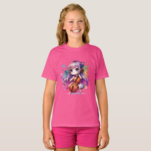 Schattige anime meisje spelen cello speler t-shirt (Voorkant volledig)