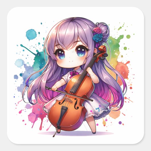 Schattige anime meisje spelen cello vierkante sticker (Voorkant)