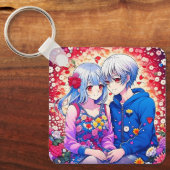 Schattige Anime Paar, Bloemen en Hart Gepersonalis Sleutelhanger (Voorkant)