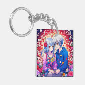Schattige Anime Paar, Bloemen en Hart Gepersonalis Sleutelhanger (Voorkant Links)