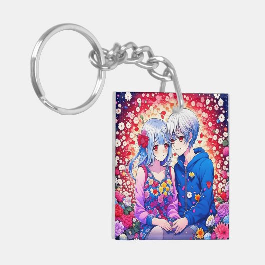 Schattige Anime Paar, Bloemen en Hart Gepersonalis Sleutelhanger (Voorkant Links)