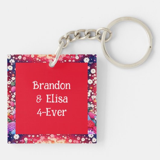 Schattige Anime Paar, Bloemen en Hart Gepersonalis Sleutelhanger (Achterkant)