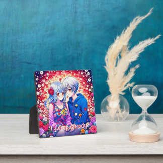 Schattige anime paar, bloemen en harten gepersonal fotoplaat
