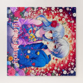 Schattige anime paar, bloemen en harten gepersonal legpuzzel (Horizontaal)