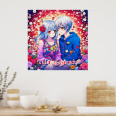 Schattige anime paar, bloemen en harten gepersonal poster (Keuken)