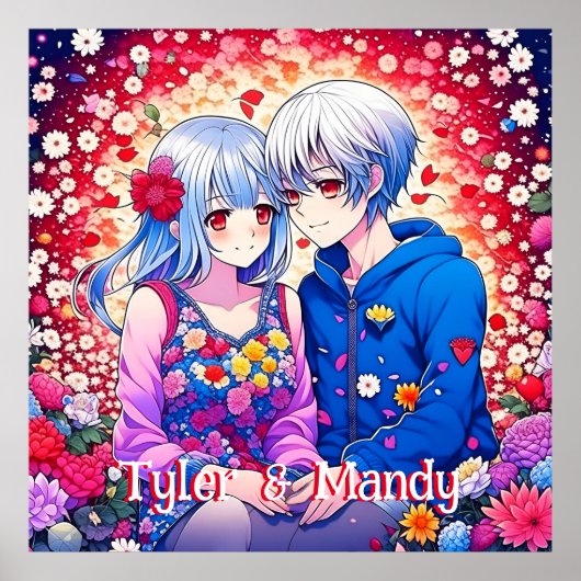 Schattige anime paar, bloemen en harten gepersonal poster (Voorkant)
