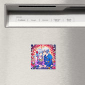 Schattige Anime Paar, Bloemen en Harten Magneet (Insitu (Vaatwasser))