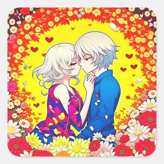 Schattige Anime Paar, Harten en Bloemen Vierkante Sticker (Voorkant)