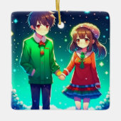 Schattige anime paar houden handen gepersonaliseer keramisch ornament (Voorkant)
