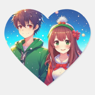 Schattige anime paar   Vrolijk kerstfeest Hart Sticker