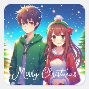 Schattige anime paar   Vrolijk kerstfeest Vierkante Sticker