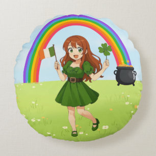 Schattige anime roodharige St. Patrick's Day   Rond Kussen