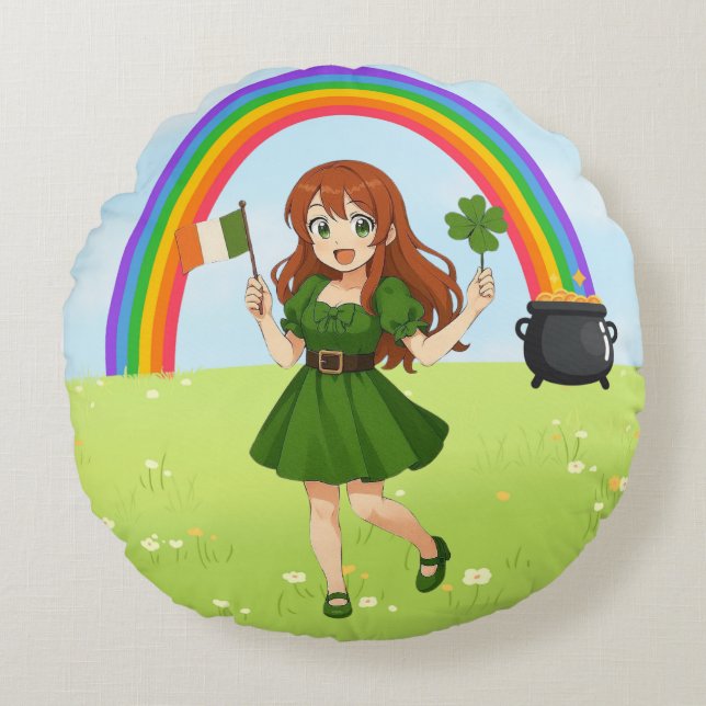 Schattige anime roodharige St. Patrick's Day   Rond Kussen (Voorkant)